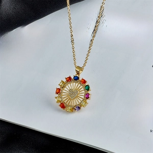 Heart Pendant Necklace Copper 18K Gold Plated AAA Zircon Colorful Round Ferris Wheel Sunflower Jewelry For Women