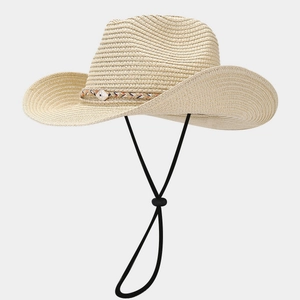 Straw Cowboy Hat For Women Wide Brim Sun Protection Vacation Beach Woven Western Style With Adjustable Wind Rope