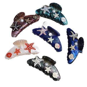 Marine theme shell and starfish hair claws with pearls and rhinestones set of six