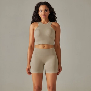 Close-up of seamless ribbed fabric texture on high-waist women's fitness set