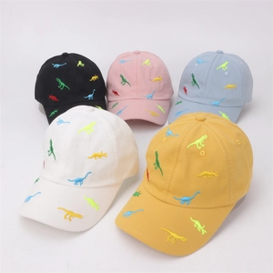 Kids baseball caps with colorful cartoon dinosaur embroidery in various pastel colors