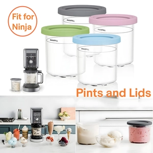 Detail of 4 clear pints with multi-color lids showing Max Fill line for Ninja CREAMi
