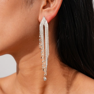 Detail view of long multi-layer silver fringe earrings worn by a model in a close-up
