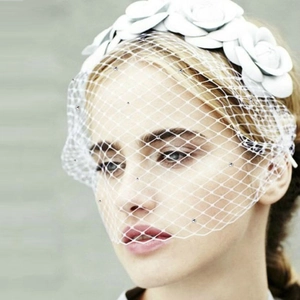 Vintage white camellia headband with sparkling rhinestones and lace mesh veil for parties