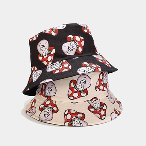 Mushroom Cartoon Print Bucket Hat Cotton Canvas Double Sided Wearable Foldable Sun Protection Summer Fisherman Cap