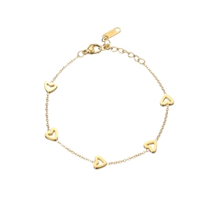 Elegant gold chain bracelet with five hollow heart charms and a lobster clasp closure