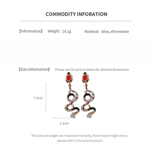 Detailed chart showing snake earring dimensions and vintage rhinestone alloy materials