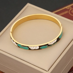 Retro gold stainless steel bangle with turquoise enamel eye pattern on jewelry box