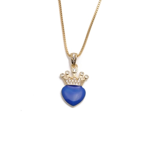 Collier doré avec pendentif couronne et cœur, incrustation bleue et cristaux pour femme