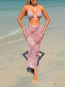 Leopard Print Bikini Swimwear With Mesh Cover Up Skirt Halter Neck Sexy Beach Outfits For Women