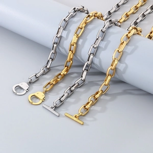 Minimalist geometric gold and silver plated titanium steel chain jewelry set with T-bar clasps