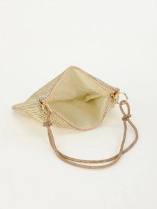 Detail showing internal structure and gold rhinestone strap of the evening clutch bag