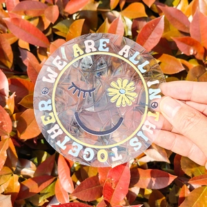 Macro shot of a rainbow suncatcher window sticker with we are all in this together text