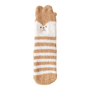 Thick coral fleece socks featuring brown bear embroidery and cozy striped plush fabric