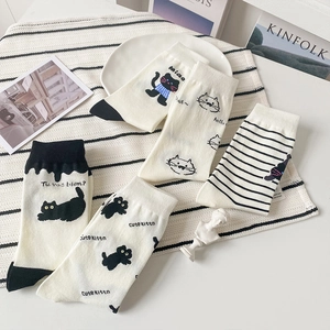 5 pairs of white and black cotton socks with cute cartoon cat patterns and stripes