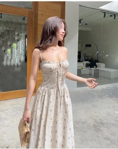 Detail of floral spaghetti strap maxi dress with lace splicing and smocked waist design