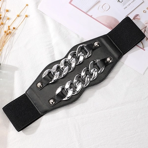 Detail of black elastic corset belt with PU leather front, silver chains and metal rivets