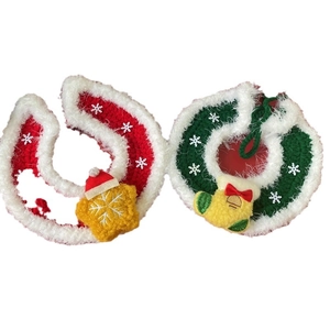 Christmas pet collars with red and green knitted scarves featuring snowflake embroidery
