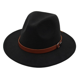 Classic black wool felt fedora hat with brown leather belt and silver metal buckle