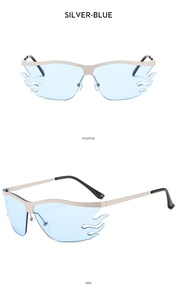 Detailed views showing the silver frame flame-shaped sunglasses with light blue lenses