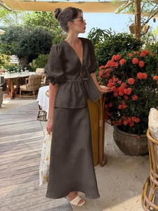 Chic charcoal grey V-neck ruffle top and maxi skirt two-piece set for summer vacation