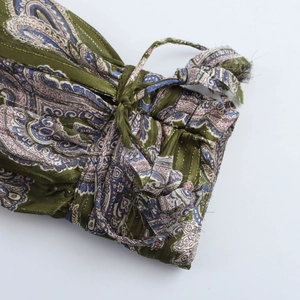 Women's vintage green paisley print loose shirt featuring drawstring cuff details