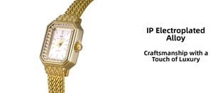 Close-up of gold-tone rectangular quartz watch with rhinestone bezel and metal mesh band