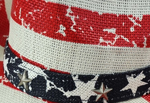 Detail of woven straw texture with American flag stars and stripes pattern decoration