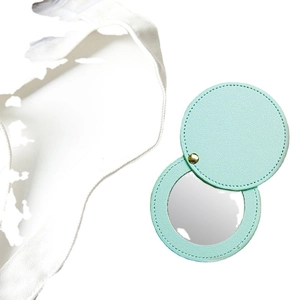 Portable light green PU leather mini makeup mirror with protective cover and metal clasp