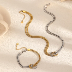 Two-tone gold and silver stainless steel snake chain knot necklace and bracelet jewelry set