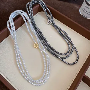 Multi-layer pearl necklace with vintage floral OT buckle in white and charcoal grey