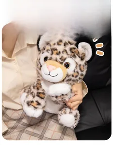 Close-up of cute leopard plush toy with soft faux fur and realistic brown eyes