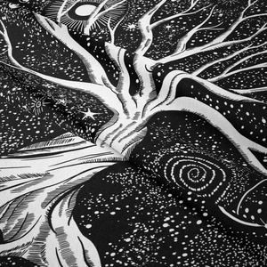 Detailed close-up of tree of life tapestry with celestial sun and moon patterns