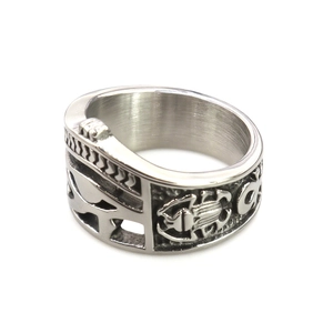 Vintage stainless steel Eye of Horus and Scarab relief ring in retro silver finish