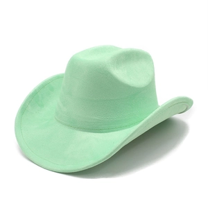 Detail view of mint green suede western cowboy hat with fine stitching and felt texture