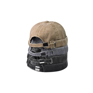 Vintage Washed Cotton Denim Docker Hat Brimless Adjustable Miki Hat Rolled Cuff Distressed Streetwear Cap For Men
