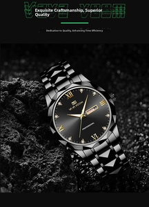Detail of quartz business watch with dual calendar display on dark stone background