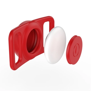 Exploded view of a red waterproof silicone AirTag case for pet collars and tracking