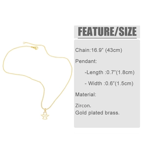 Detailed view of gold plated brass angel pendant with zircon inlay and chain specs