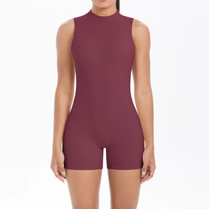 Close-up of the burgundy backless yoga romper showing soft texture and slim-fit waist