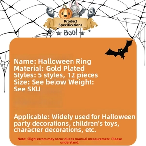Specifications for adjustable Halloween ghost ring set with gold plating and pumpkin motifs