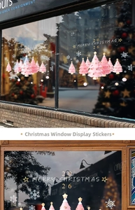 Pink Christmas tree window decals with snowflakes and 2026 festive holiday greetings