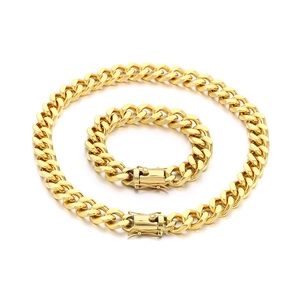18K gold plated 13mm Cuban link chain necklace and bracelet set in stainless steel