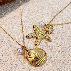 Gold starfish shell and pearl necklace set with ocean-inspired stainless steel pendants