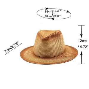 Outdoor sun protection straw jazz hat with detailed size measurements and dimensions