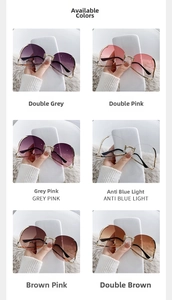 Close-up of frameless ocean tint sunglasses in six colors with gold metal temples