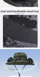 Detail of outdoor sun hat with solar fans and breathable mesh camo fabric