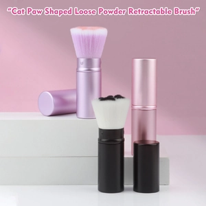 Cat paw retractable makeup brushes with soft pink and black bristles on white stands