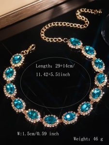 Detailed view of layered blue crystal necklace with golden setting showing dimensions