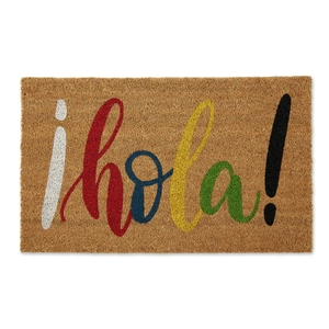 Close-up of coconut fiber doormat texture with colorful printed ¡Hola! greeting